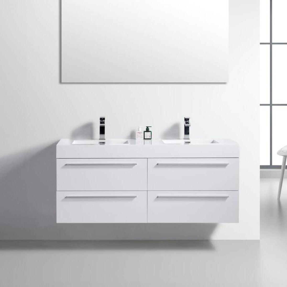 60" White Wall Mount Bathroom Vanity with White Polymarble Countertop Sofia - Image 1