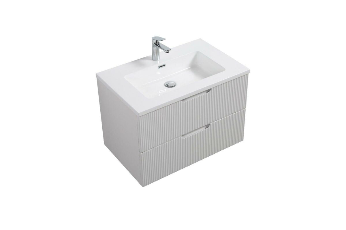 30" Glossy White Wall Mount Bathroom Vanity with White Polymarble Countertop - Image 2