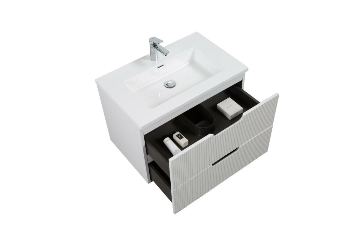 30" Glossy White Wall Mount Bathroom Vanity with White Polymarble Countertop - Image 3