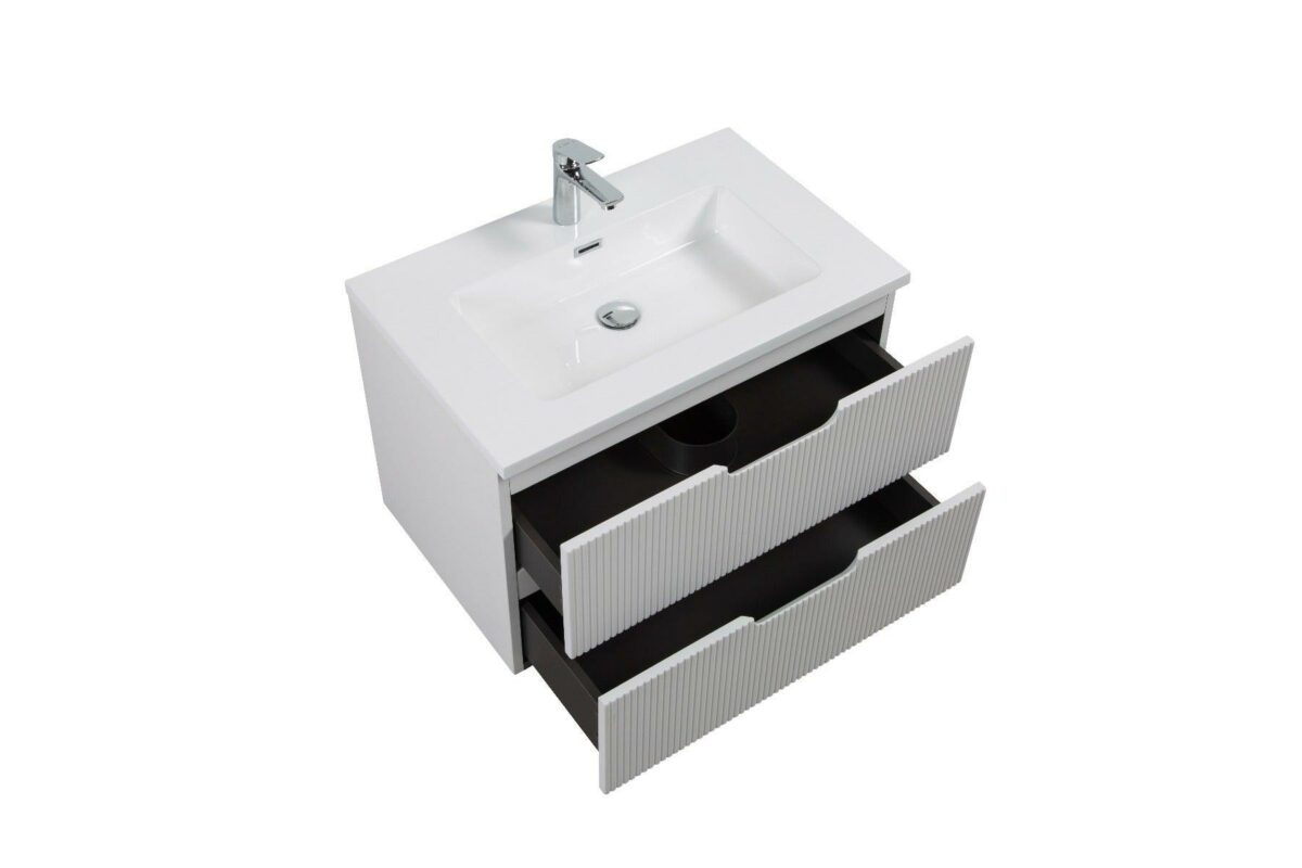 30" Glossy White Wall Mount Bathroom Vanity with White Polymarble Countertop - Image 4