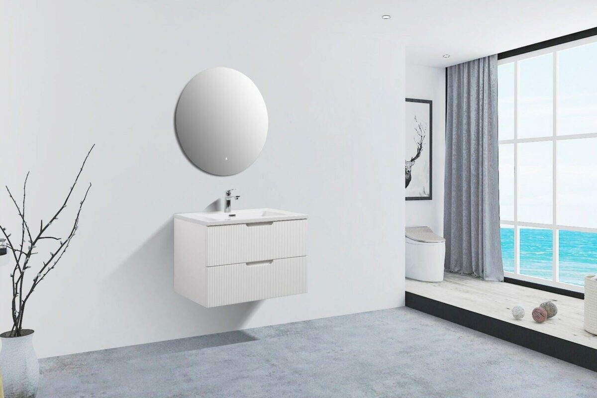 30" Glossy White Wall Mount Bathroom Vanity with White Polymarble Countertop - Image 5