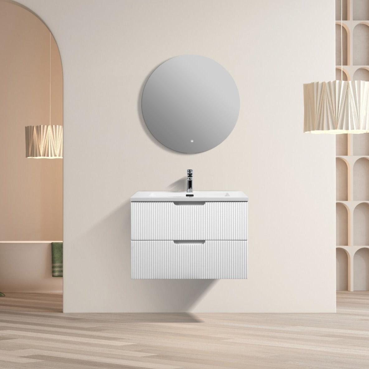 30" Glossy White Wall Mount Bathroom Vanity with White Polymarble Countertop – Image 1