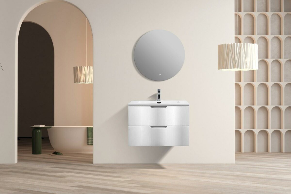 30" Glossy White Wall Mount Bathroom Vanity with White Polymarble Countertop - Image 6