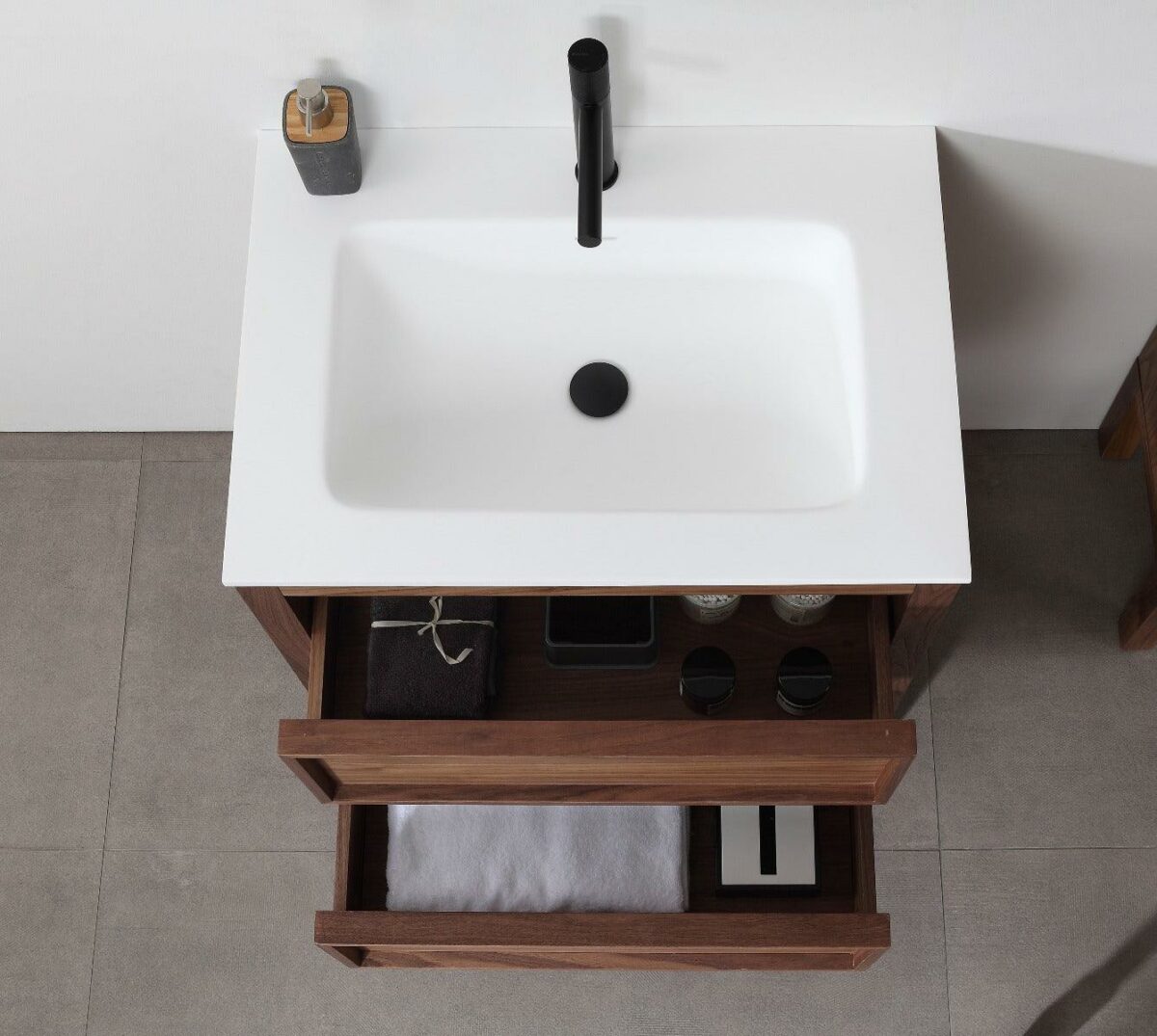 30" Natural Walnut Freestanding Bathroom Vanity with White Solid surface Countertop Vista - Image 4