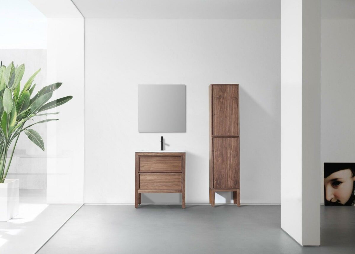 30" Natural Walnut Freestanding Bathroom Vanity with White Solid surface Countertop Vista - Image 1