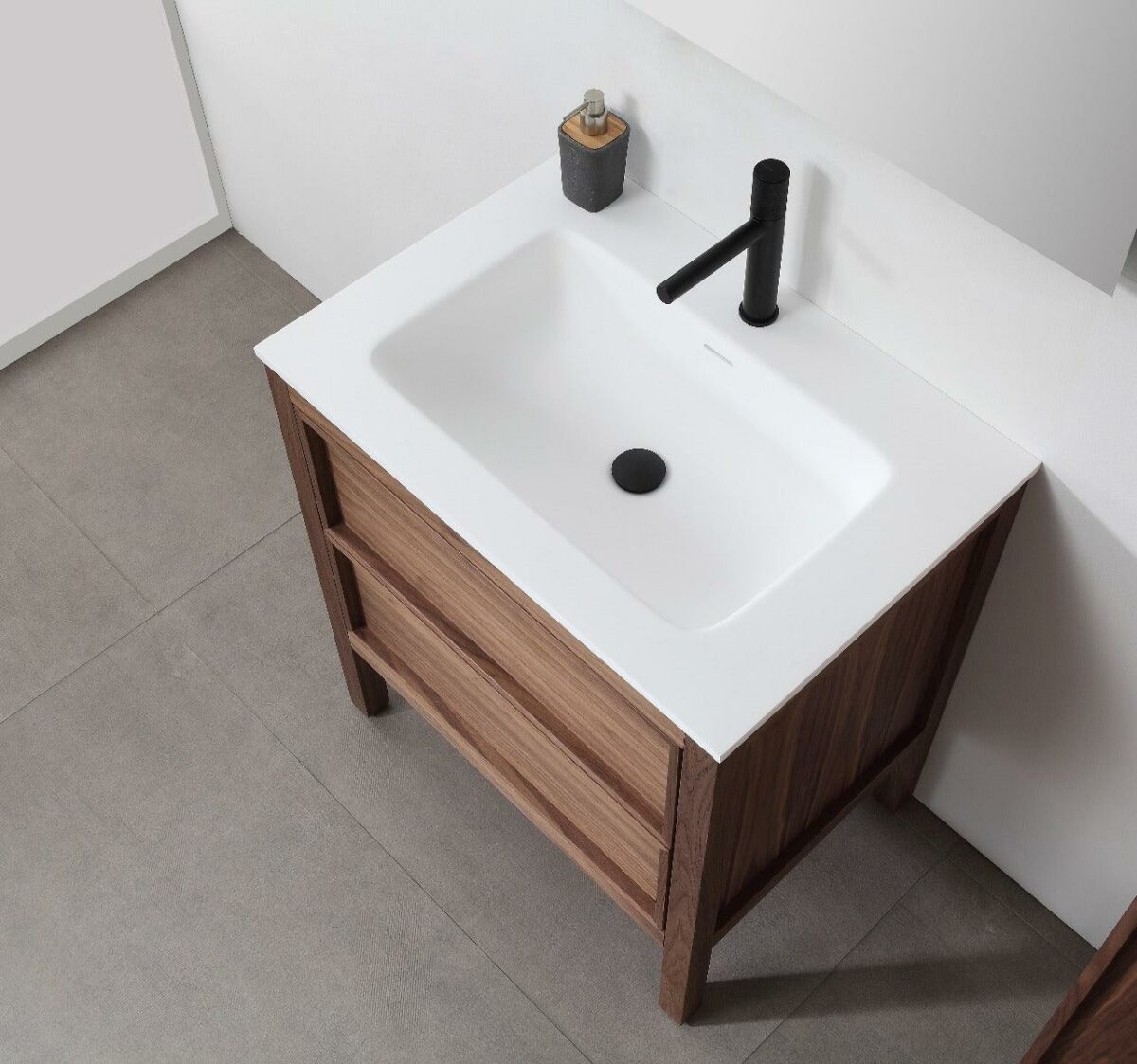 30" Natural Walnut Freestanding Bathroom Vanity with White Solid surface Countertop Vista - Image 6