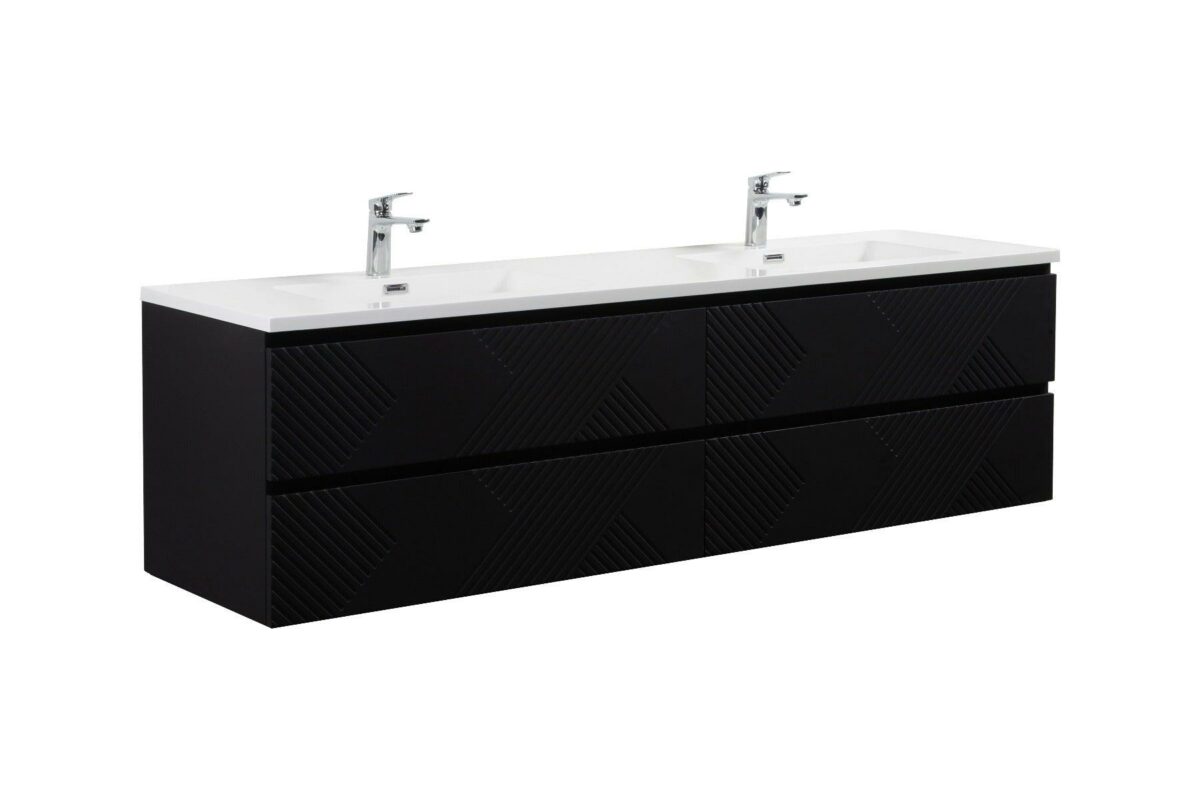 72" Black Wall Mount Double Sink Bathroom Vanity with White Polymarble Countertop - Image 3