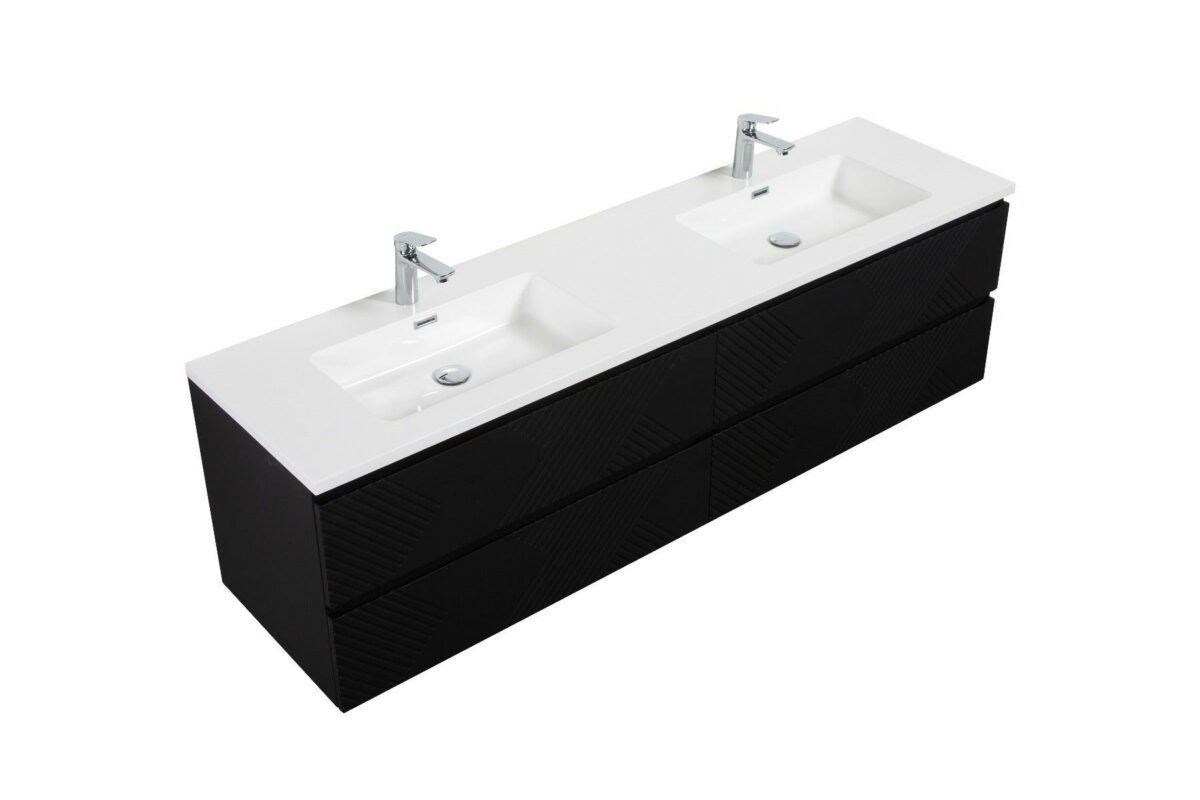 72" Black Wall Mount Double Sink Bathroom Vanity with White Polymarble Countertop - Image 4