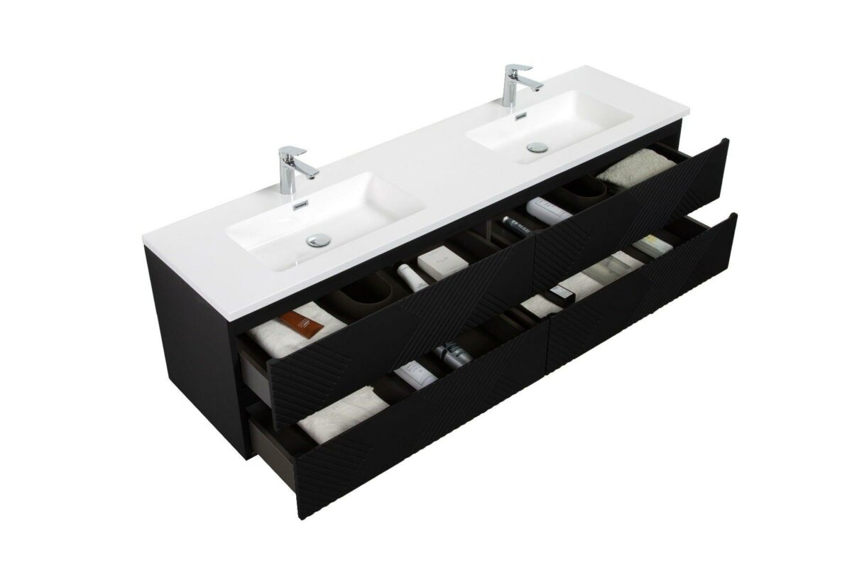 72" Black Wall Mount Double Sink Bathroom Vanity with White Polymarble Countertop - Image 5