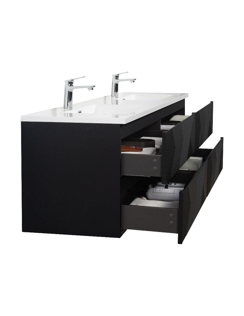 72" Black Wall Mount Double Sink Bathroom Vanity with White Polymarble Countertop – Image 6