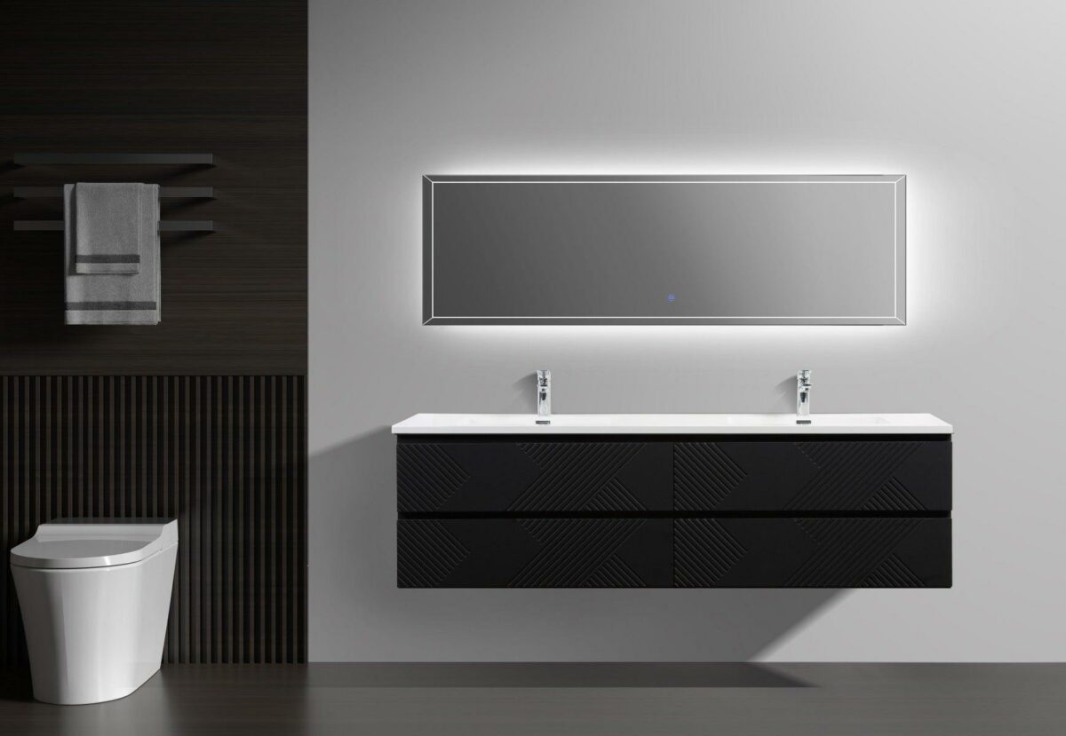 72" Black Wall Mount Double Sink Bathroom Vanity with White Polymarble Countertop - Image 2
