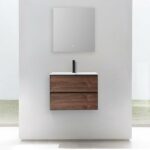 30" Walnut Wall Mount Bathroom Vanity with White Solid surface Countertop