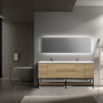 72" Rough Oak Wall Mount Double Sink Bathroom Vanity with White Polymarble Countertop