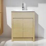 24" Light Oak Freestanding Bathroom Vanity with White Ceramic Countertop