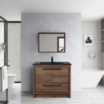 36" Walnut Freestanding Bathroom Vanity with Black Engineered Quartz Countertop
