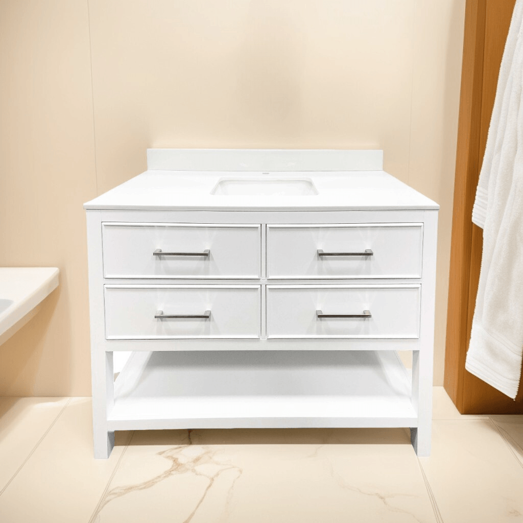 48-WT-PA-FIO-WT-PKG 48" White Freestanding Single Sink Bathroom Vanity with White Glass Countertop Fiory – Image 1