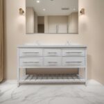60" White Freestanding Double Sink Bathroom Vanity with White Quartz Countertop Fiory