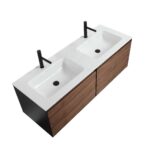 60" Walnut Wall Mount Double Sink Bathroom Vanity with Glossy White Solid Surface Countertop - Image 2