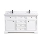 60" White Freestanding Double Sink Bathroom Vanity with Calcutta Quartz Countertop - Image 2