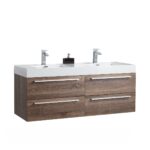 60" Soft Oak Wall Mount Double Sink Bathroom Vanity with White Polymarble Countertop Sofia – Image 3