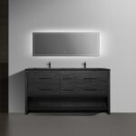 72" Black Rough Oak Freestanding Bathroom Vanity with Black Engineered Quartz Countertop