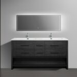 72" Black Rough Oak Freestanding Double Sink Bathroom Vanity with White Polymarble Countertop