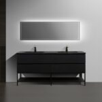 72" Black Wall Mount Double Sink Bathroom Vanity with Black Engineered Quartz Countertop & Open Shelf