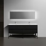 72" Black Wall Mount Double Sink Bathroom Vanity with White Polymarble Countertop & Open Shelf