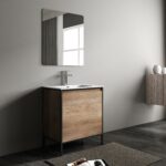 30" Rough Oak and Black Metal Frame Freestanding Single Sink Bathroom Vanity with White Ceramic Countertop - Image 5