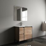 36" Rough Oak and Black Metal Frame Freestanding Single Sink Bathroom Vanity with White Ceramic Countertop - Image 5