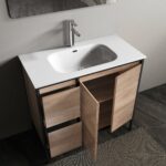 36" Rough Oak and Black Metal Frame Freestanding Single Sink Bathroom Vanity with White Ceramic Countertop - Image 6