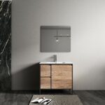 36" Rough Oak and Black Metal Frame Freestanding Single Sink Bathroom Vanity with White Ceramic Countertop