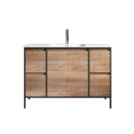 48" Rough Oak and Black Metal Frame Freestanding Single Sink Bathroom Vanity with White Ceramic Countertop - Image 2