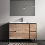 48" Rough Oak and Black Metal Frame Freestanding Single Sink Bathroom Vanity with White Ceramic Countertop