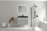 28" Grey Wall Mount Single Sink Bathroom Vanity with Black Engineered Quartz Countertop