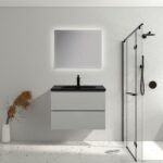 28" Grey Wall Mount Single Sink Bathroom Vanity with Black Engineered Quartz Countertop
