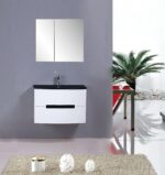 30" White Wall Mount Bathroom Vanity with Black Glass Countertop Tula - Image 2