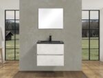 24" Grey Wall Mount Bathroom Vanity with Black Engineered Quartz Countertop