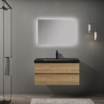 40" Rough Oak Wall Mount Bathroom Vanity with Black Polymarble Countertop Edge