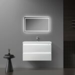 36" Glossy White Wall Mount Light-Up Bathroom Vanity with White Polymarble Countertop