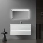 42" Glossy White Wall Mount Light-Up Bathroom Vanity with White Polymarble Countertop