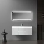 48" Glossy White Wall Mount Light-Up Bathroom Vanity with White Polymarble Countertop