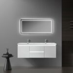 60" Glossy White Wall Mount Light-Up Double Sink Bathroom Vanity with White Polymarble Countertop