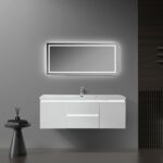 60" Glossy White Wall Mount Light-Up Bathroom Vanity with White Polymarble Countertop