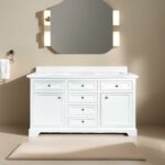 60" White Freestanding Double Sink Bathroom Vanity with Snow White Quartz Countertop