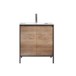30" Rough Oak and Black Metal Frame Freestanding Single Sink Bathroom Vanity with White Ceramic Countertop - Image 2