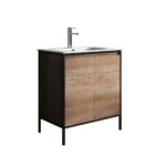 30" Rough Oak and Black Metal Frame Freestanding Single Sink Bathroom Vanity with White Ceramic Countertop - Image 3