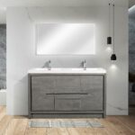 60" Cement Freestanding Double Sink Bathroom Vanity with White Polymarble Countertop