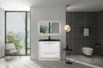 36" Glossy White Freestanding Bathroom Vanity with Black Engineered Quartz Countertop