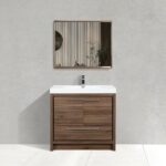 36" Walnut Freestanding Bathroom Vanity with White Polymarble Countertop